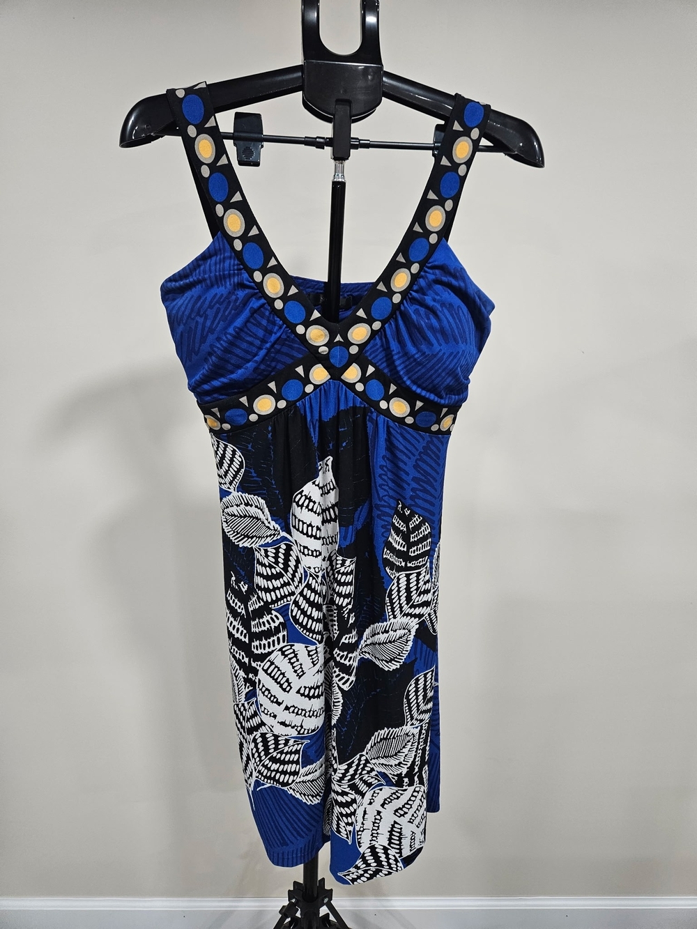 Style & Co. Royal Blue Floral Midi Dress with Yellow Dot Trim